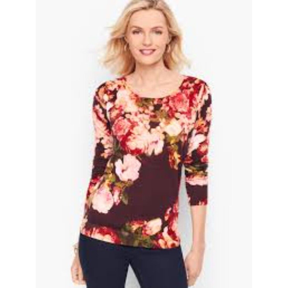 Talbots Pure Merino Wool Floral Gathered Shoulder Sweater Size LP Large Petite